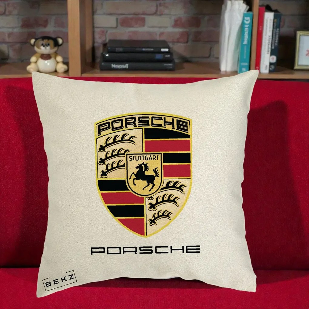 Perna Personalizata Porsche Stuttgart, 40x40 cm, Ecru, Husa Detasabila, Perna Inclusa, BEKZ®