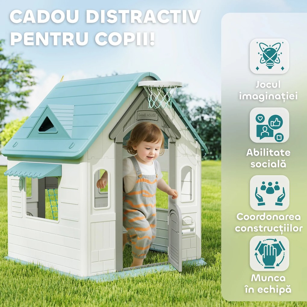 AIYAPLAY Căsuță de Joacă 5-în-1 pentru Copii, de Exterior și Interior, cu Coș de Baschet, Poartă de Fotbal, Tablă de Darts, Joc de Aruncare a Inelelor pentru Copii 2-5 Ani, Bej | Aosom Romania