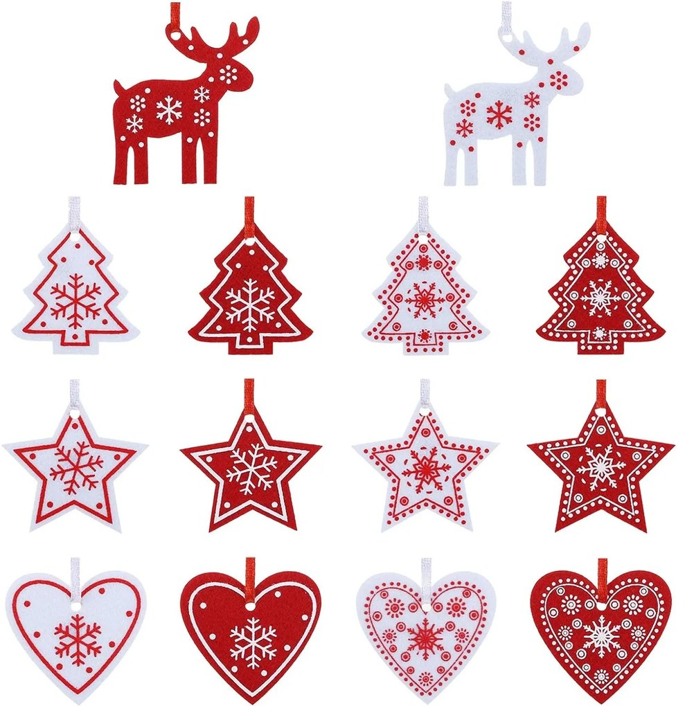 Set 42 de ornamente de Craciun din fetru, Rosu ALB
