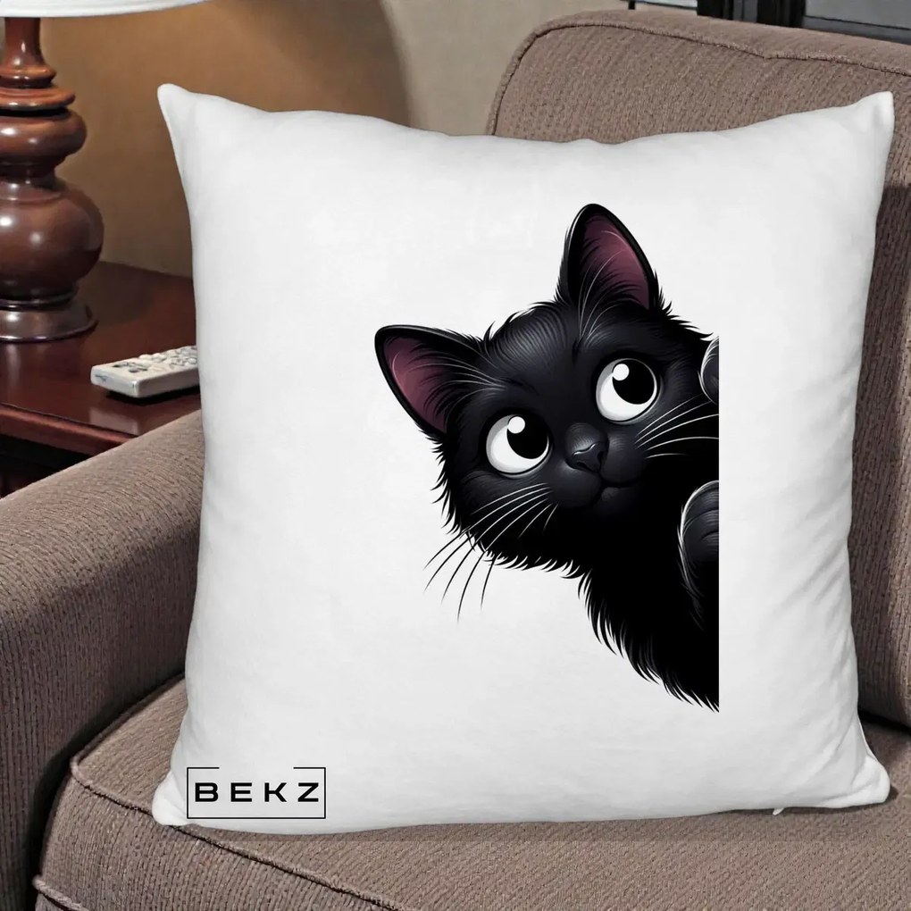 Perna Decorativa Pisica Neagra Dragalasa Curioasa, 40x40 cm, Alb Pufos, Husa Detasabila, Perna Inclusa, BEKZ®