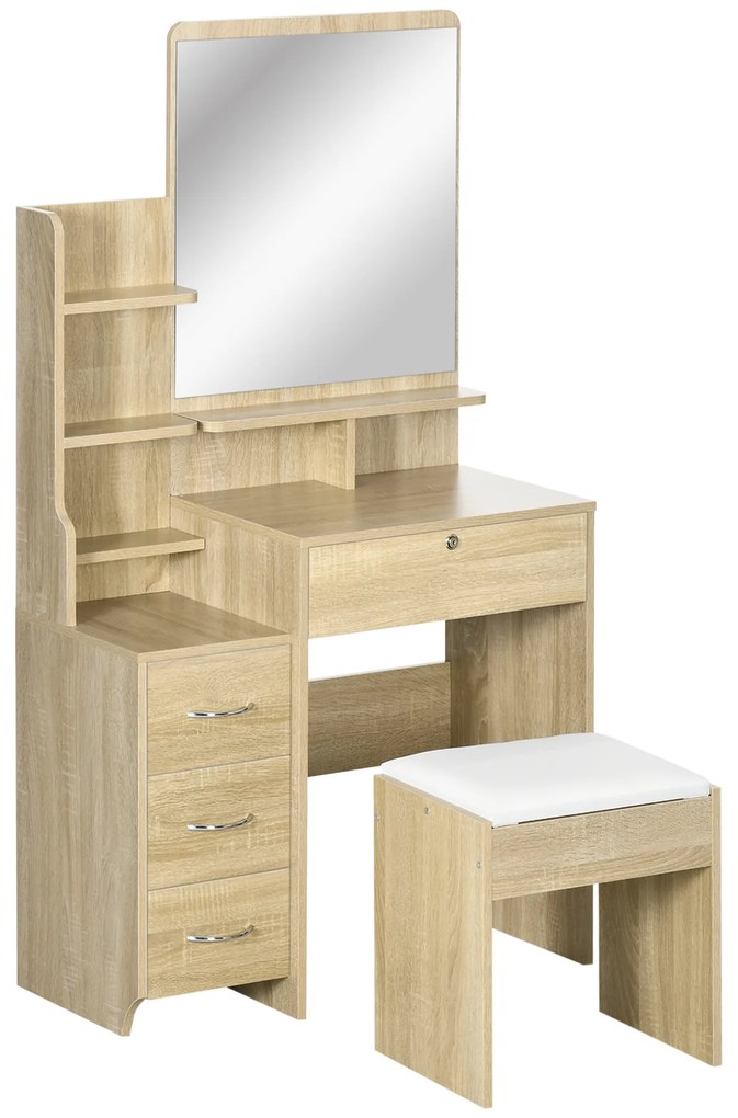 HOMCOM Set de coafare masa de machiaj cu taburet tapitat mare oglinda + rafturi deschise multiple + 4 sertare lemn natural | Aosom Romania