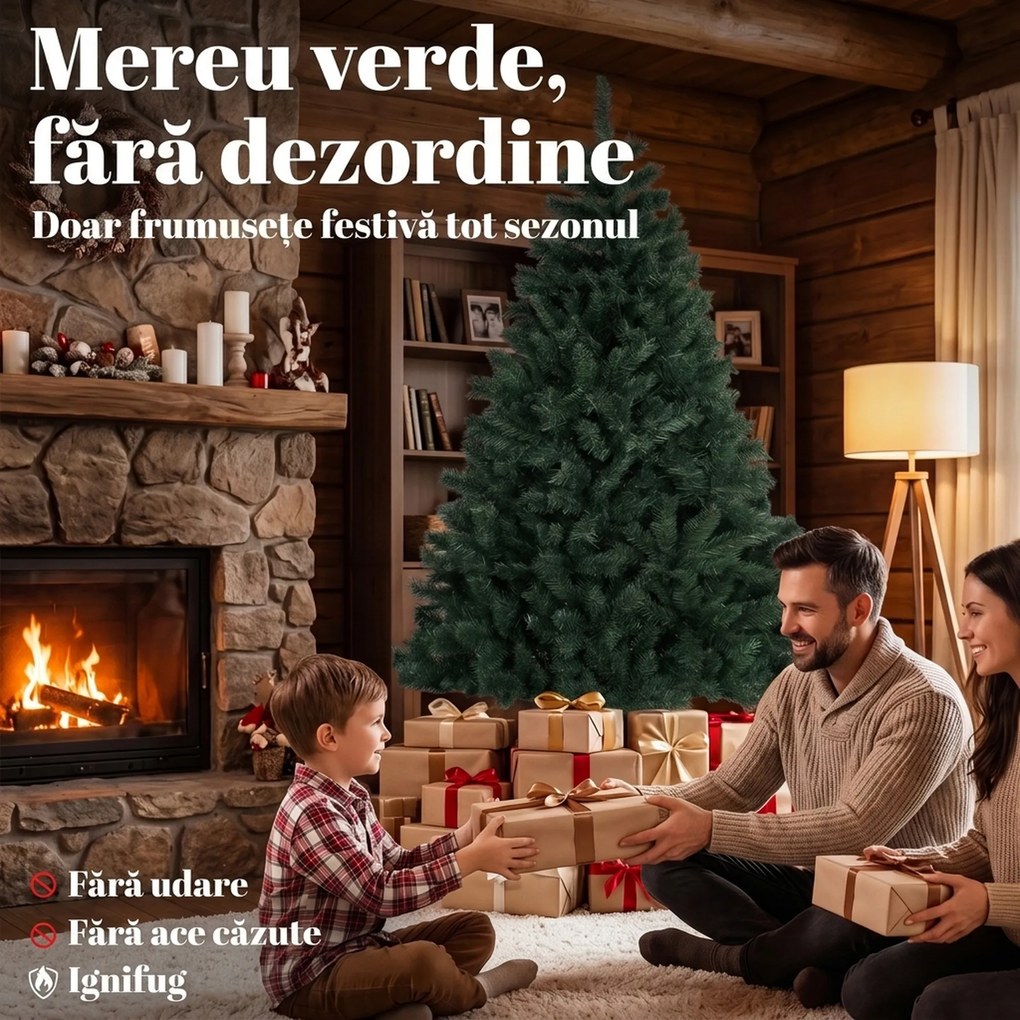 HOMCOM Brad de Crăciun Artificial, 180 cm, cu 820 de Crengi Ignifuge, Verde | Aosom Romania