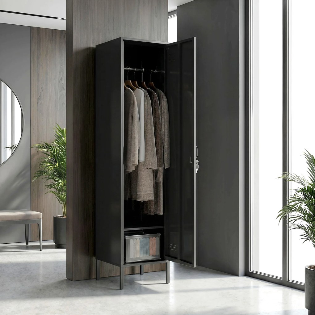 HOMCOM Spind metalic cu ușă închisă cu cheie și bară pentru haine, spind metalic individual pentru acasă sau birou, Negru | Aosom Romania