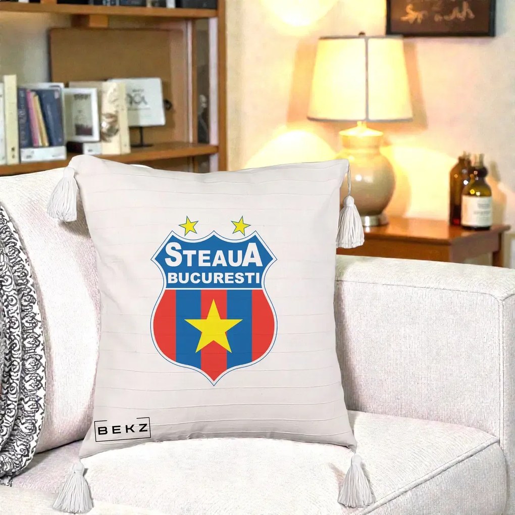 Perna Personalizata Steaua Bucuresti Fotbal, 40x40 cm, Bej cu Franjuri, Husa Detasabila, Perna Inclusa, BEKZ®