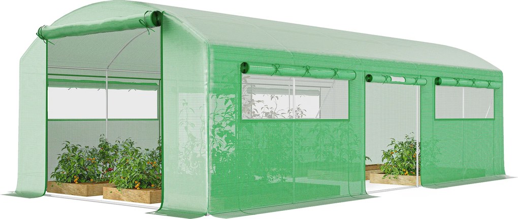 Outsunny Seră Tunel cu 3 Uși Rulante, 6 Ferestre, Țăruși și Frânghii, Seră de Grădină din Oțel Galvanizat, 6x3x2 m, Verde | Aosom Romania