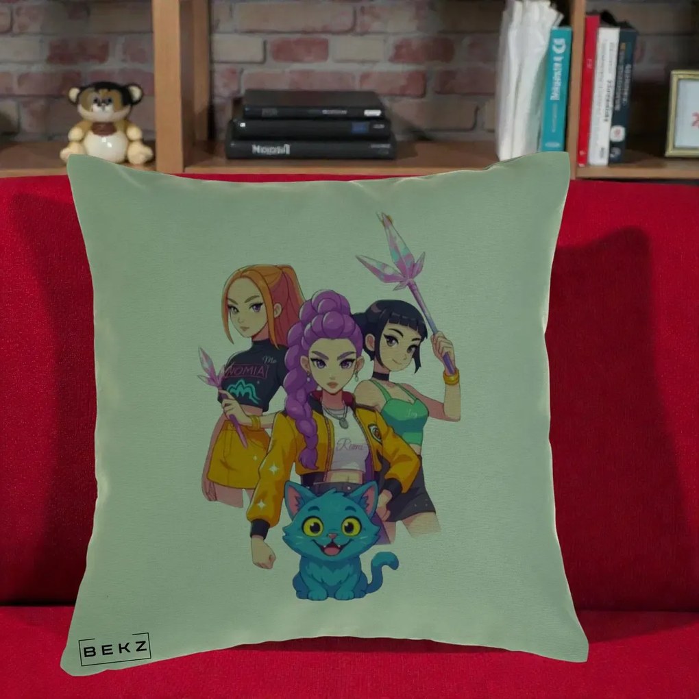 Perna Personalizata K-pop HUNTRX Trio cu Pisica si Cristale, 40x40 cm, Verde, Husa Detasabila, Perna Inclusa, BEKZ®