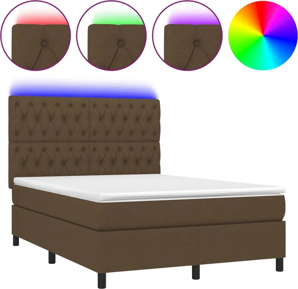 vidaXL Pat cu arcuri, saltea și LED, maro închis, 140x200 cm, textil