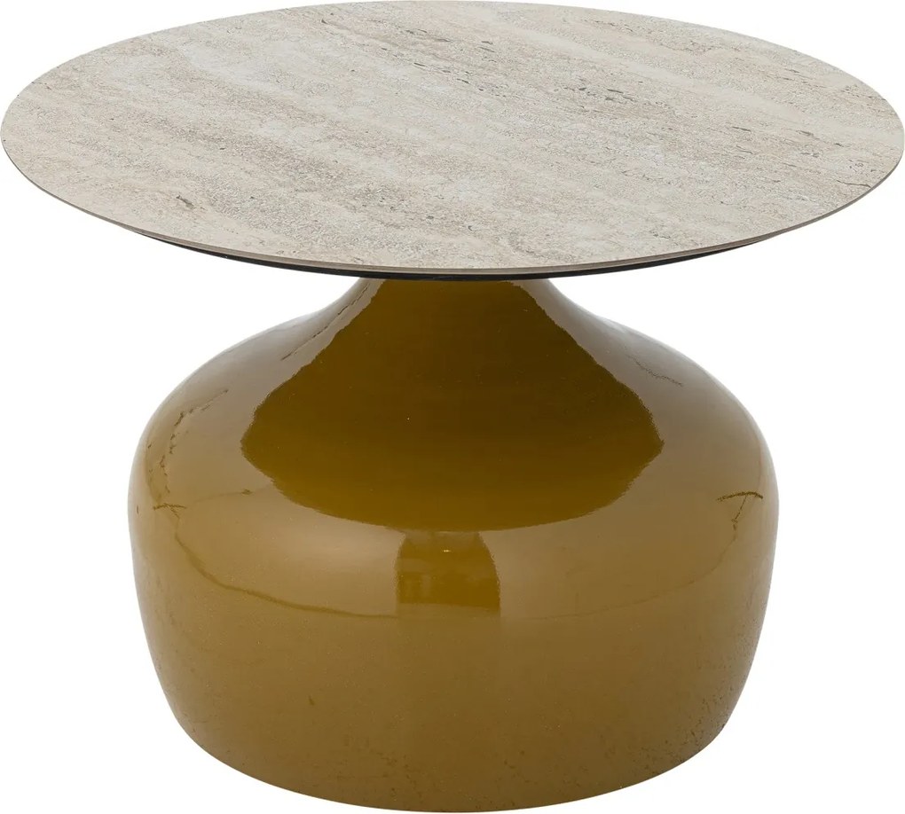 Măsuță de cafea rotundă din metal, galben, blat ceramic, bază sculpturală, finisaj lucios, 41 x 60 cm, „Lecco”