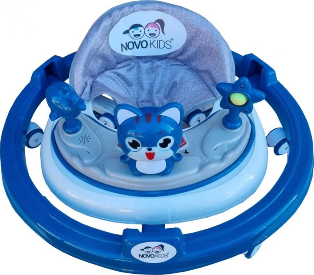 Premergator reglabil in 6 trepte de inaltime NOVOKIDS™ Happy Kitty, Cu melodii, Pliabil, Max 20 kg, Roti silentioase, Model Pisicuta, Albastru
