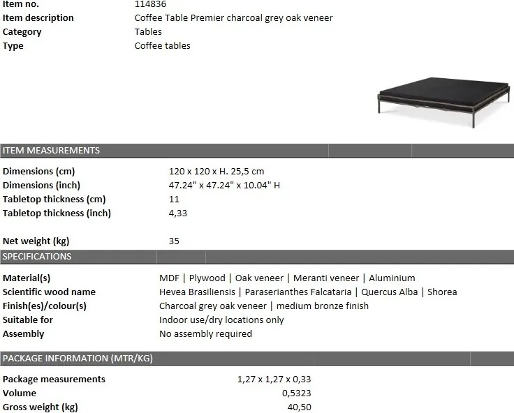 Masuta de cafea design LUX Premier 120x120cm 114836 HZ