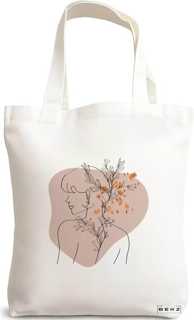 Sacosa de Panza pentru Cumparaturi, Geanta Tote, model Flower Girl, 38x34.5 cm, Alba, BEKZ®