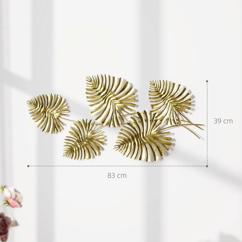 HOMCOM Artă Murală cu 5 Frunze de Monstera și Accesorii pentru Montaj Incluse, Decorațiuni Murale din Metal, 83x2.5x39 cm, culoare Aurie | Aosom Romania