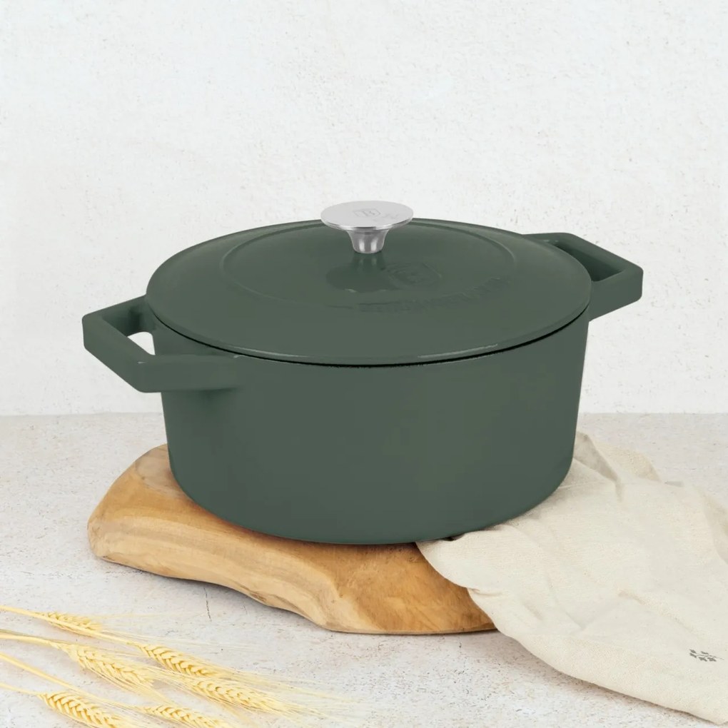 Oală din fontă emailată cu capac 24 cm, 4.35L – Berlinger Haus Green Matte Collection BH 6544, verde, pentru pâine, fripturi și supe