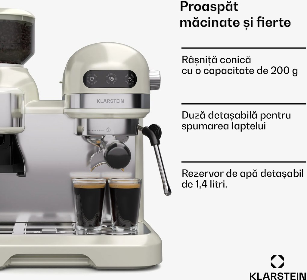Klarstein Espressor Bella, Vintage, râșniță, 19 bari, spumator de lapte, 2 cești| 1550 W