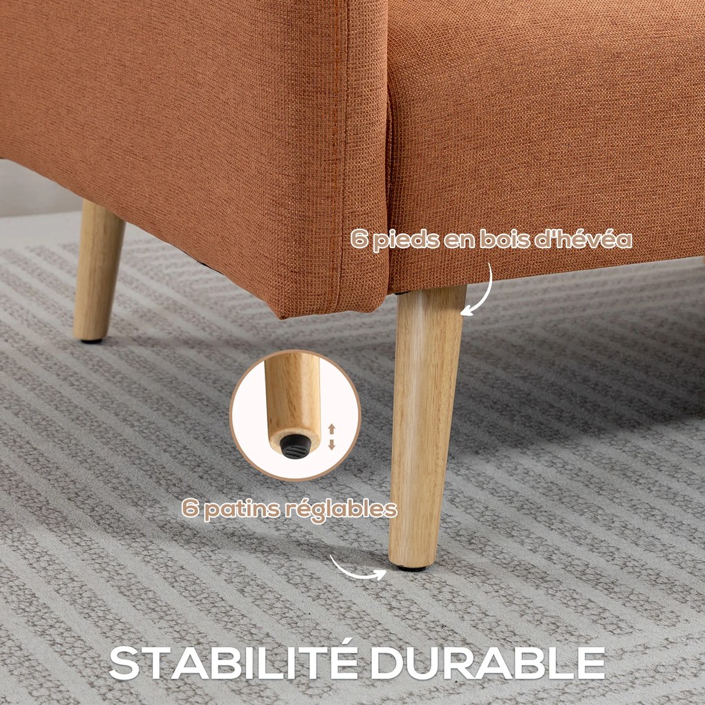 HOMCOM Canapea Extensibilă 2 Locuri Design scandinav Spătar reglabil în 3 poziții Picioare din lemn Material aspect in maro | Aosom Romania