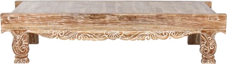 Măsuță de cafea dreptunghiulară din lemn de tec reciclat sculptat manual, natur, finisaj patinat, 45 x 200 x 70 cm, „Caldera” – Ethnic Collections