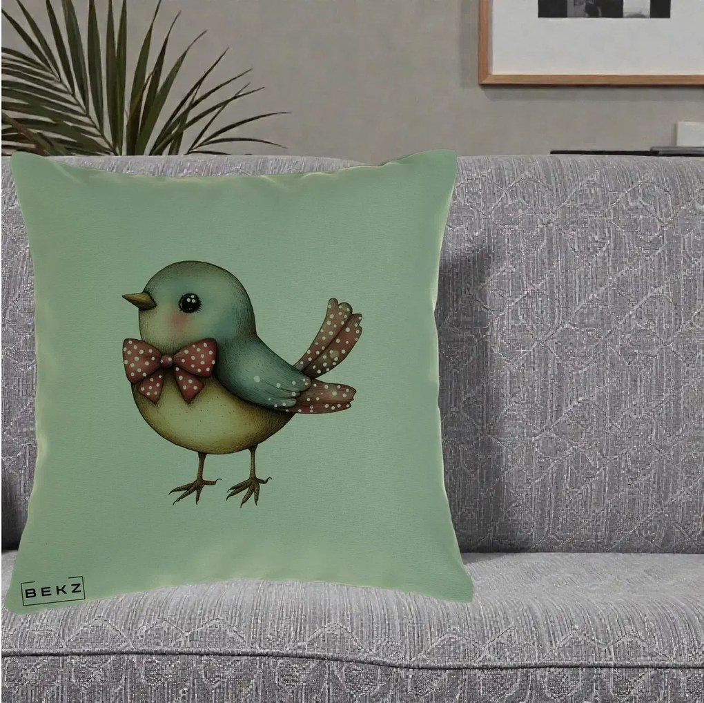 Perna Decorativa Pasare Bleu cu Fundita Rosie, 40x40 cm, Verde, Husa Detasabila, Perna Inclusa, BEKZ®