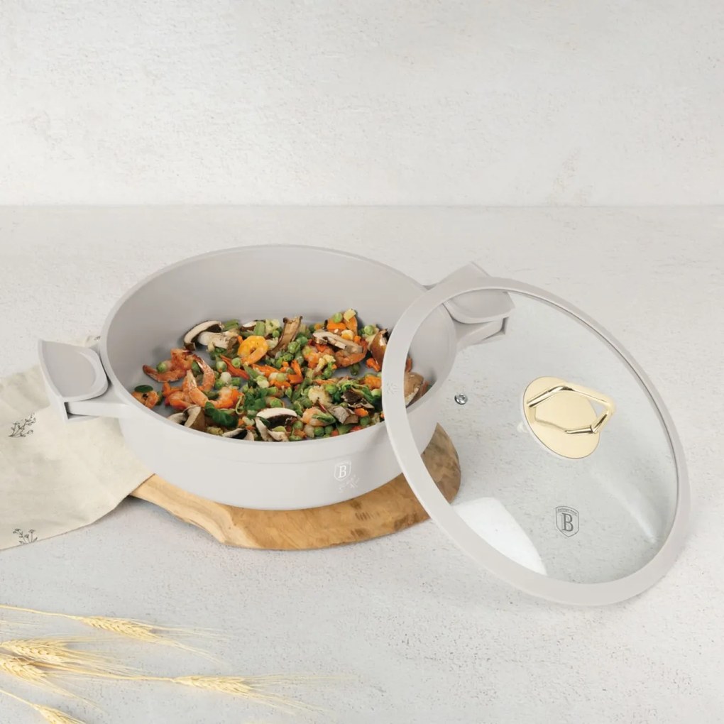 Cratiță cu capac 28 cm, 4.2L – Berlinger Haus Sahara Collection BH 7785, crem, antiaderentă, cu mânere de silicon detașabile