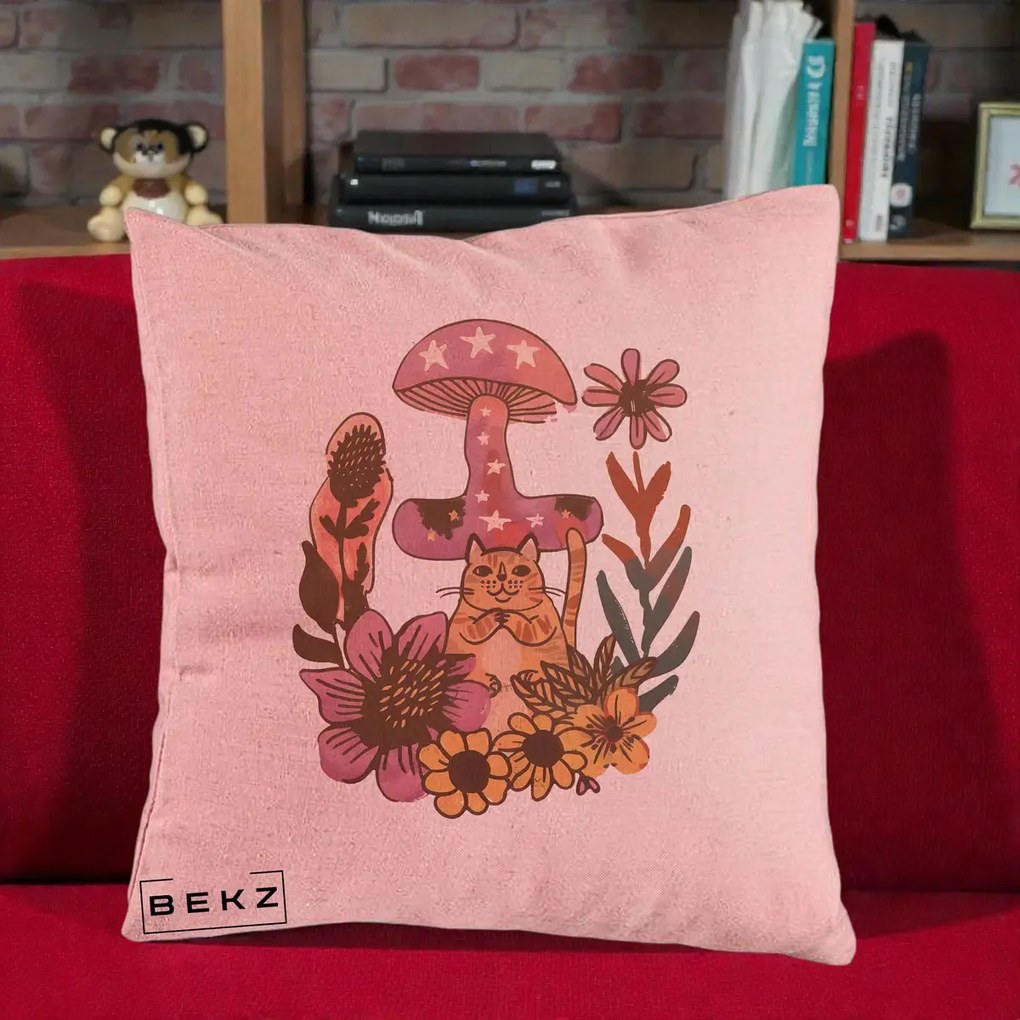 Perna Decorativa Ciuperca Pisica Boho, 40x40 cm, Roz, Husa Detasabila, Perna Inclusa, BEKZ®