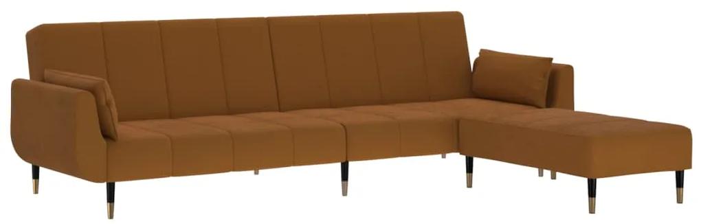 Canapea extensibila cu 2 locuri,taburet2 perne,catifea,maro Maro, Cu scaunel pentru picioare