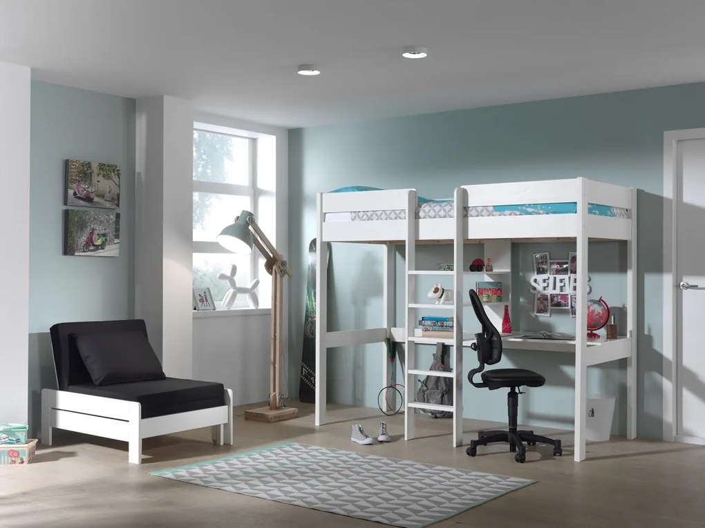 PINO Pat copii LOFT CU CANAPEA EXTENSIBILĂ 90 X 200 CM ALB