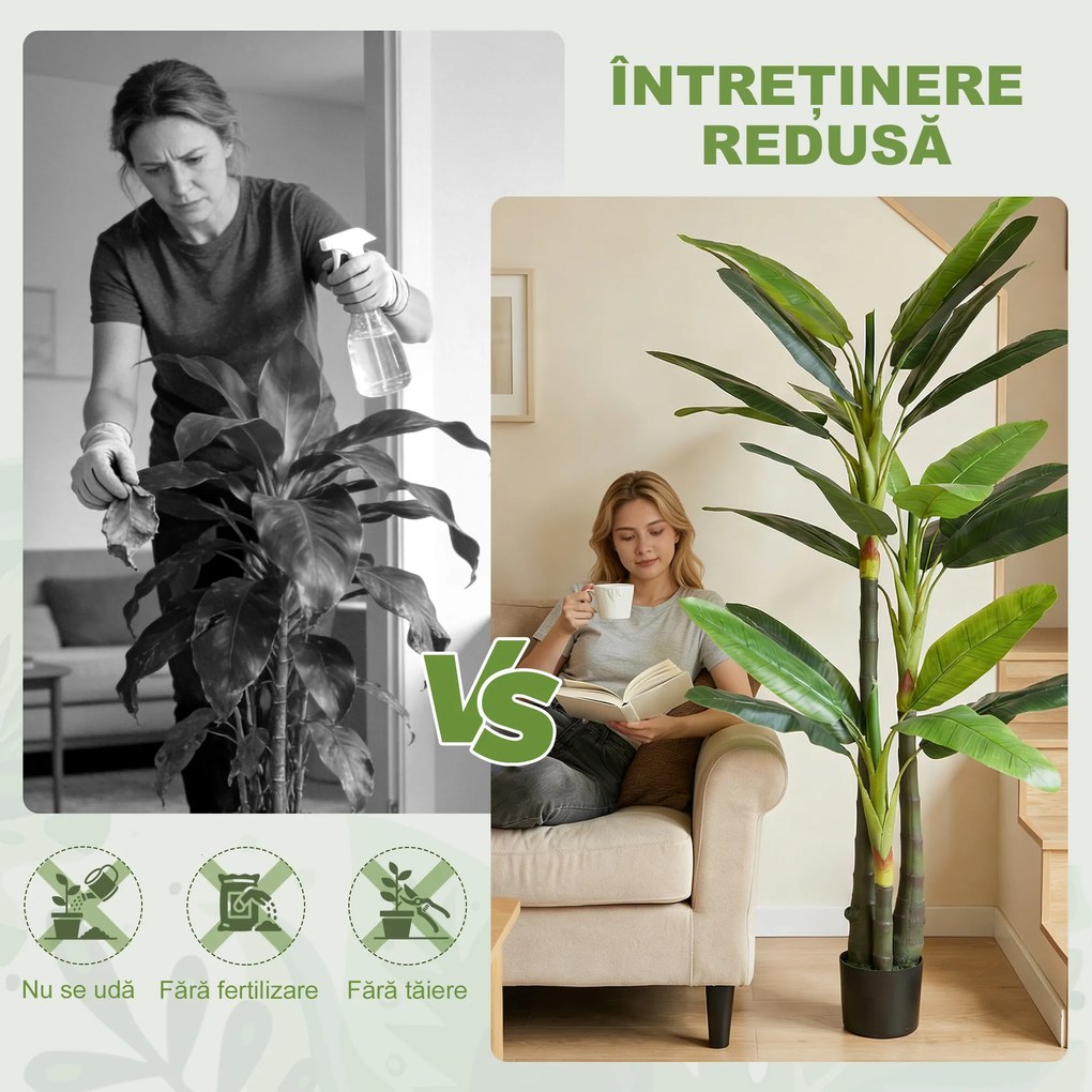 HOMCOM Arbore Artificial de Banan 180 cm cu Ghiveci, Plantă Falsă cu 18 Frunze pentru Decor Interior sau Birou, Verde | Aosom Romania