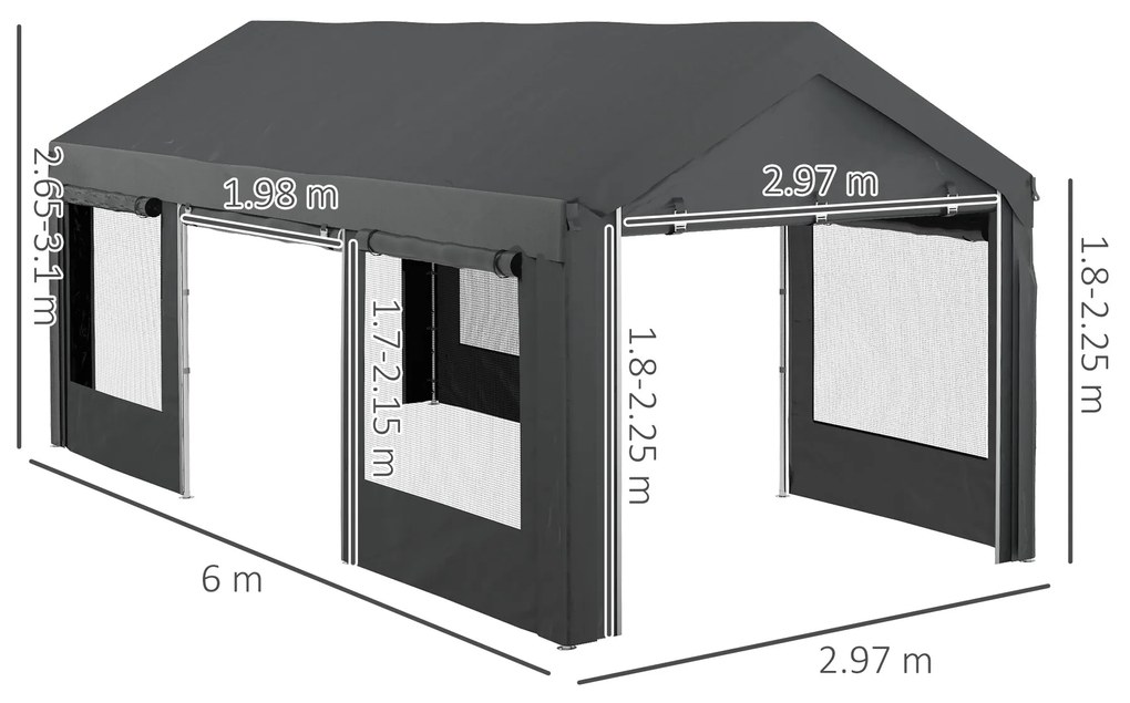 Outsunny Pavilion de Grădină cu Înălțime Reglabilă, 4 Uși și 4 Ferestre, 6x3 m, Gri Închis | Aosom Romania