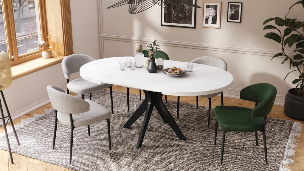 Mazzoni RENZO Alb/picior negru - MASĂ ROTUNDĂ Ø110 EXTENSIBILĂ PÂNĂ LA 180 cm | PENTRU BUCĂTĂRIE SUFRAGERIE LIVING RETRO