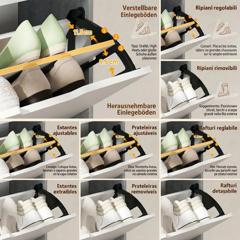 HOMCOM Scarpieră Economisitoare de Spațiu Modernă cu 4 Ante pentru 16 Perechi de Pantofi, 62.5x26x156 cm, Gri Ciment | Aosom Romania