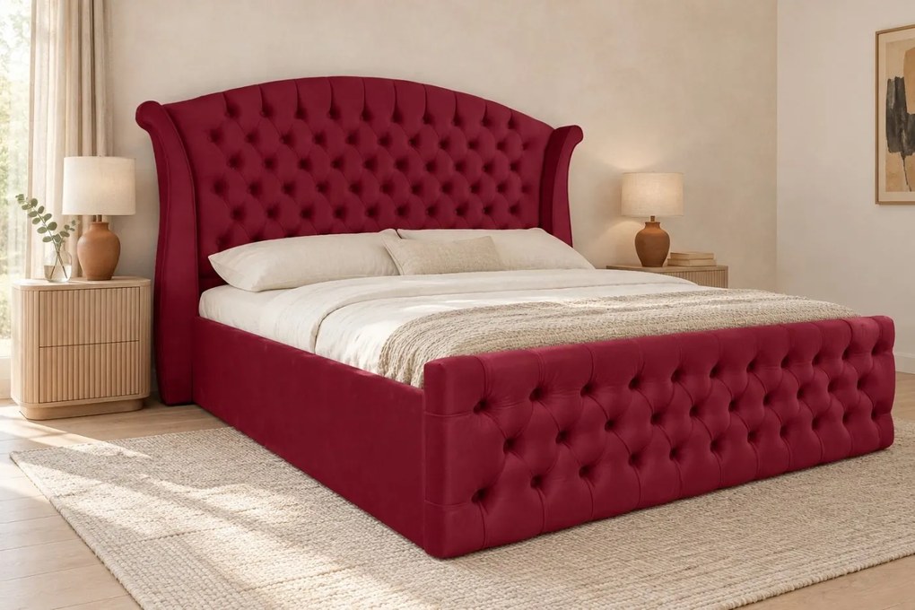 Pat tapițat Chesterfield din catifea Sorella Simple 140×200 cm, vișiniu, cu ladă de depozitare