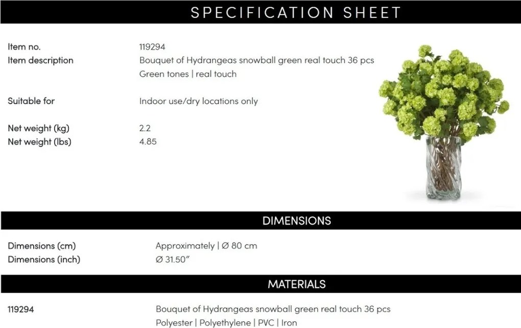 Buchet artificial LUX din 36 fire Hortensii verzi, Hydrangeas snowball