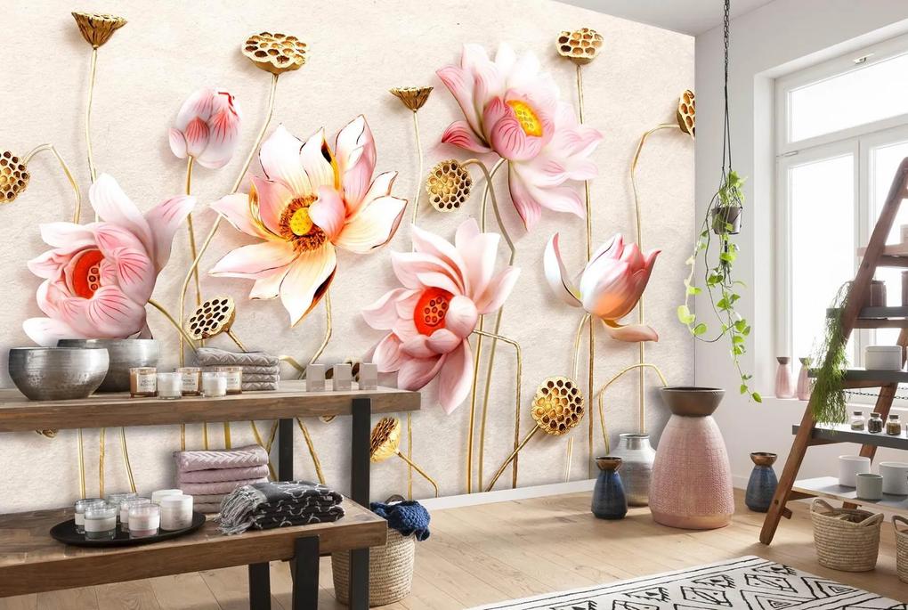 Fototapet 3D, Flori roz abstracte pe un perete bej Art.05370