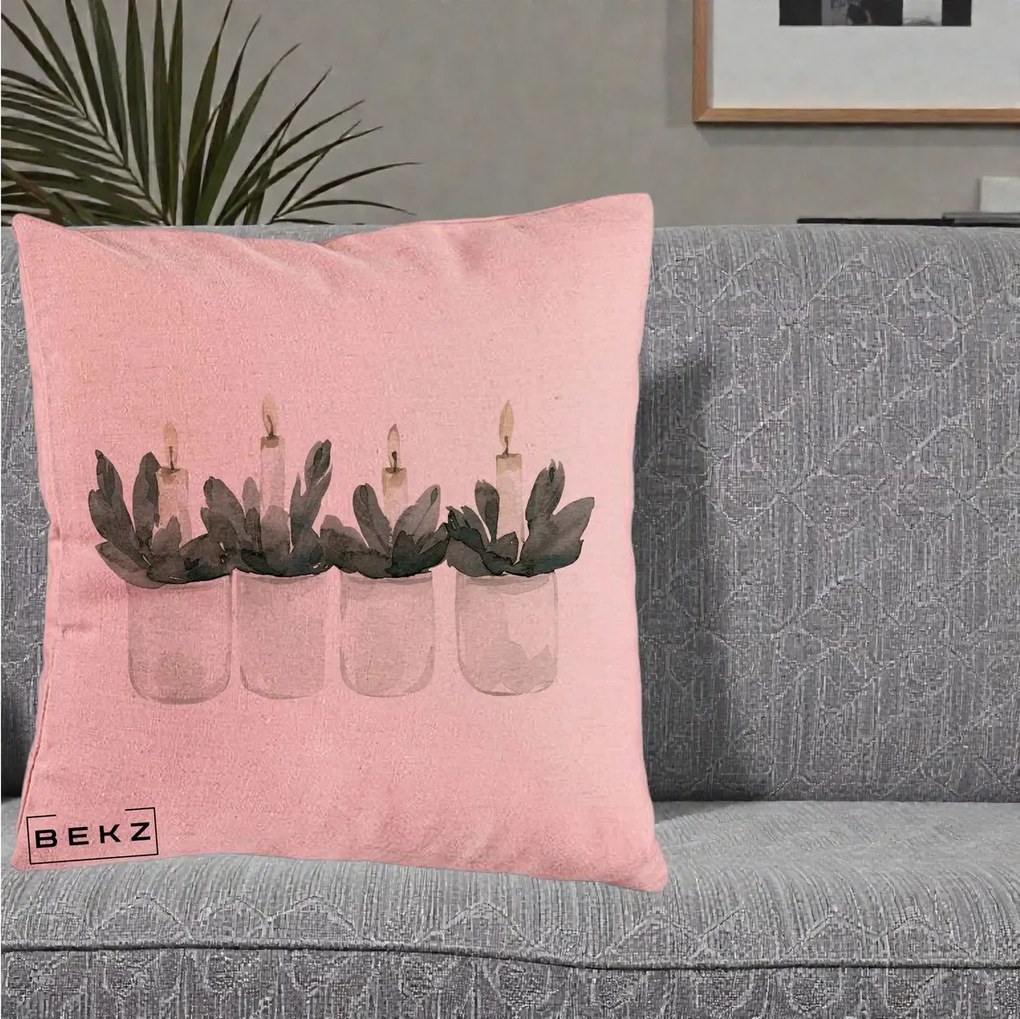 Perna Decorativa Lumanari Advent in Borcane, 40x40 cm, Roz, Husa Detasabila, Perna Inclusa, BEKZ®