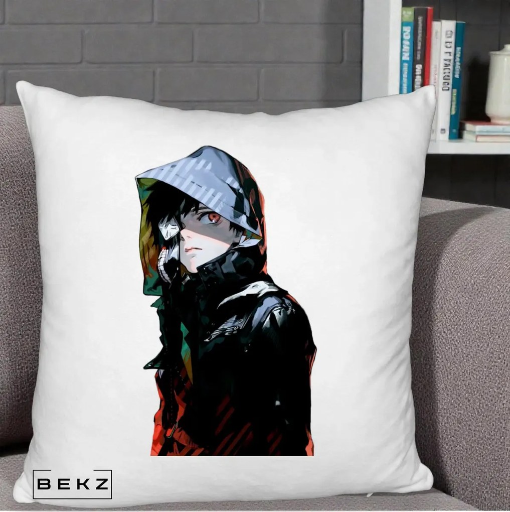 Perna Personalizata Tokyo Ghoul Ken Kaneki cu Masca si Gluga, 40x40 cm, Alb Pufos, Husa Detasabila, Perna Inclusa, BEKZ®