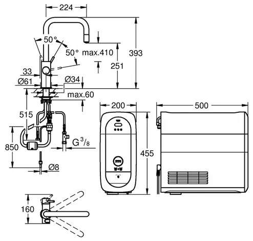Baterie bucatarie Grohe Blue Home Ondus crom periat Supersteel pipa tip U si Starter Kit