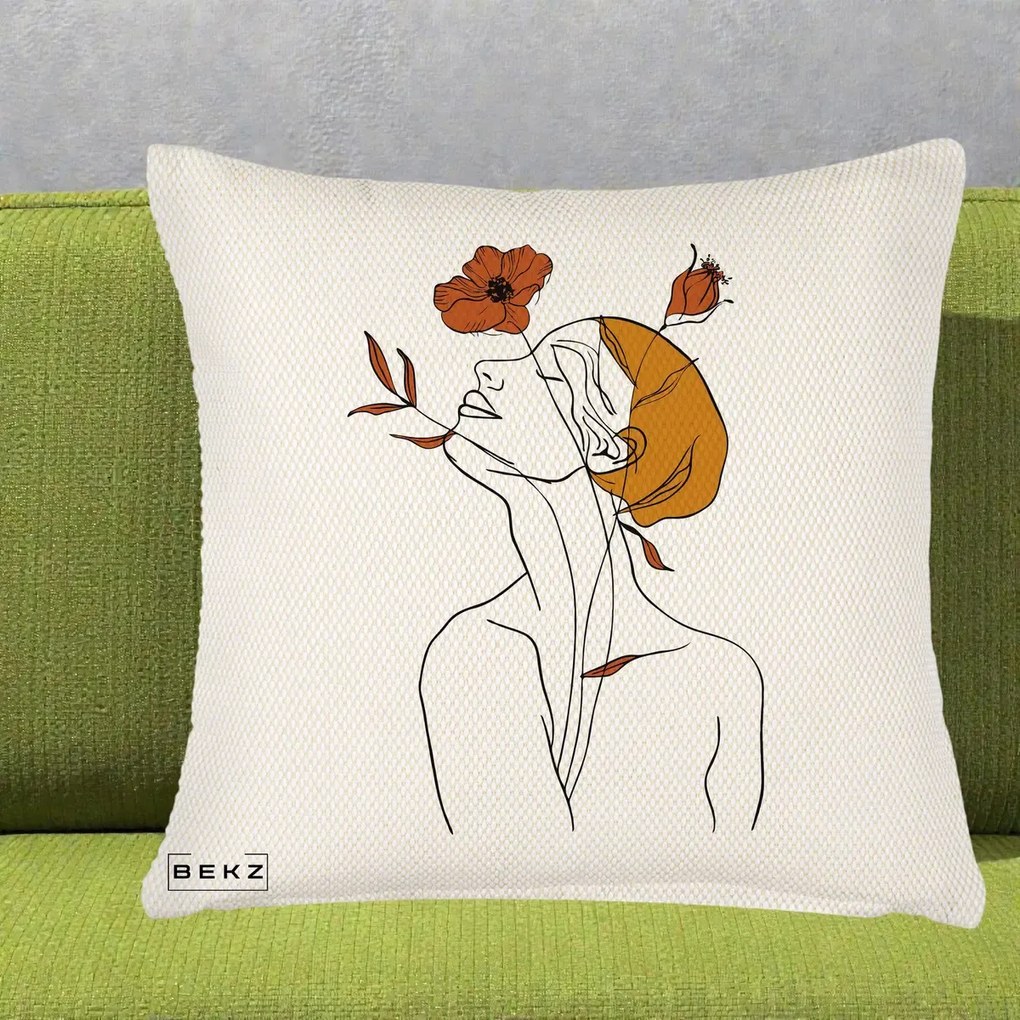 Perna Decorativa Portret Feminin Mac Privire Inalta, 40x40 cm, Crem Reliefat, Husa Detasabila, Perna Inclusa, BEKZ®