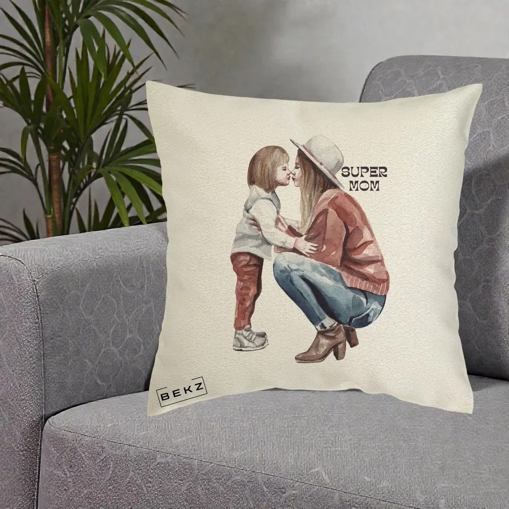 Cadou pentru Mama - Perna Personalizata Super Mom Acuarela, 40x40 cm, Ecru, Husa Detasabila, Perna Inclusa, BEKZ®