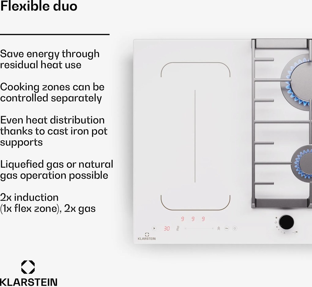 Klarstein MultiChef 4, plită cu inducție și gaz, 4 zone de gătit, 2 arzătoare cu gaz, 2 plite cu inducție, FlexZone