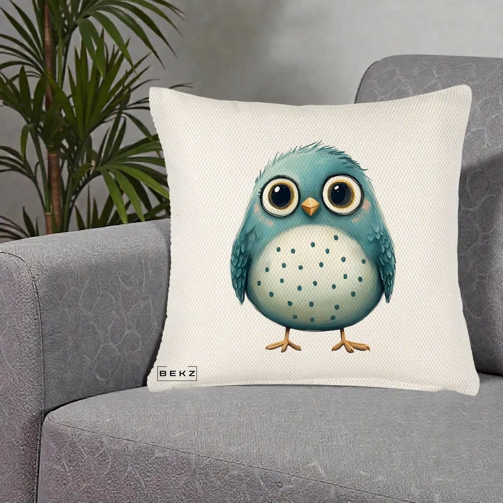 Perna Decorativa Pasare Teal cu Buline Teal, 40x40 cm, Crem Reliefat, Husa Detasabila, Perna Inclusa, BEKZ®