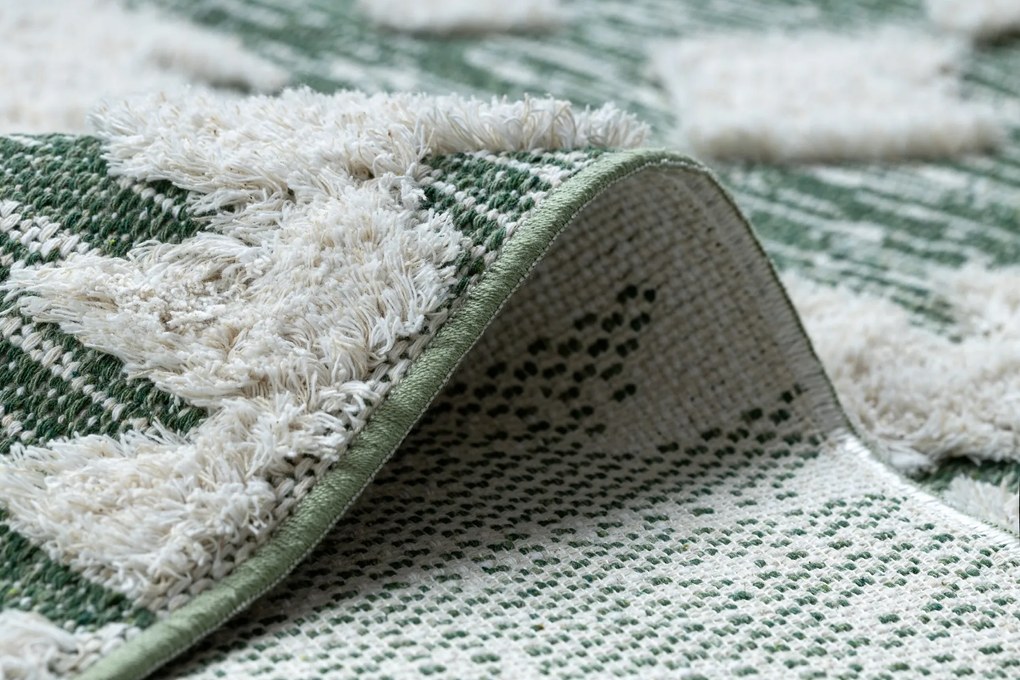 Covor ECO SISAL BOHO MOROC Etno Zig zag 22319 franjuri - două niveluri de lână verde / cremă, covor reciclat