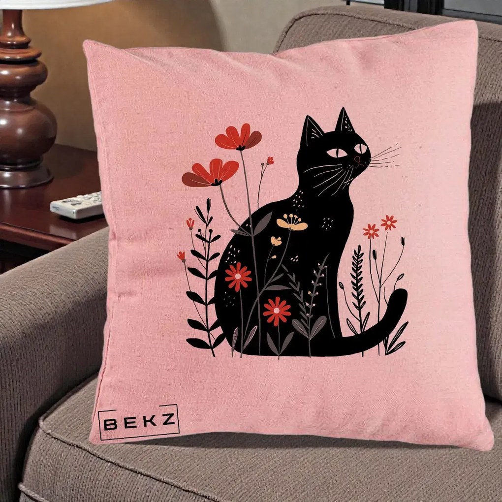 Perna Decorativa Pisica Neagra Flori Rosii Folk, 40x40 cm, Roz, Husa Detasabila, Perna Inclusa, BEKZ®