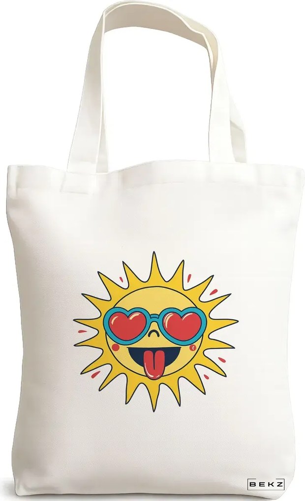 Sacosa de Panza pentru Cumparaturi, Geanta Tote, model Sun faces 13 38 x 34.5 cm, Alba, BEKZ®