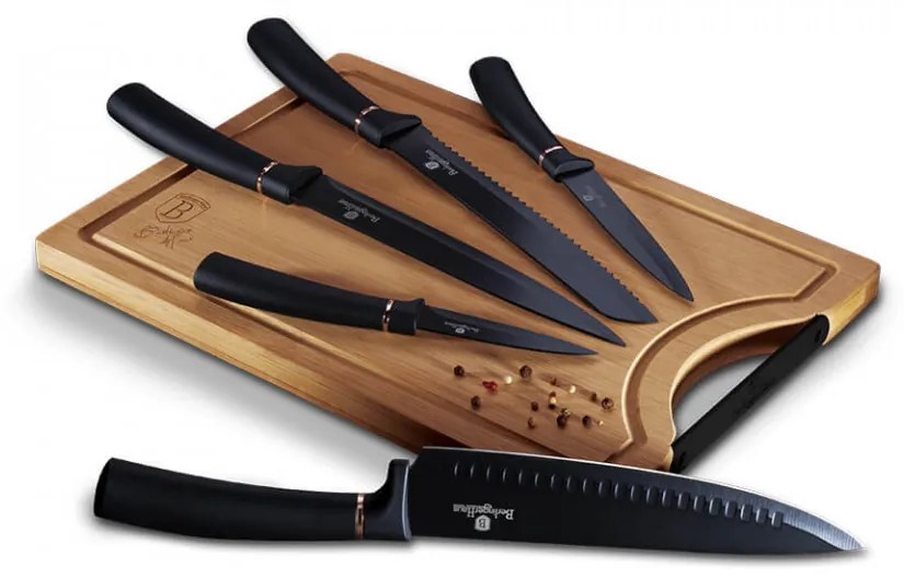 Set cutite otel inoxidabil (6 piese) cu tocator din bambus Black Rose Collection Berlinger Haus BH 2550