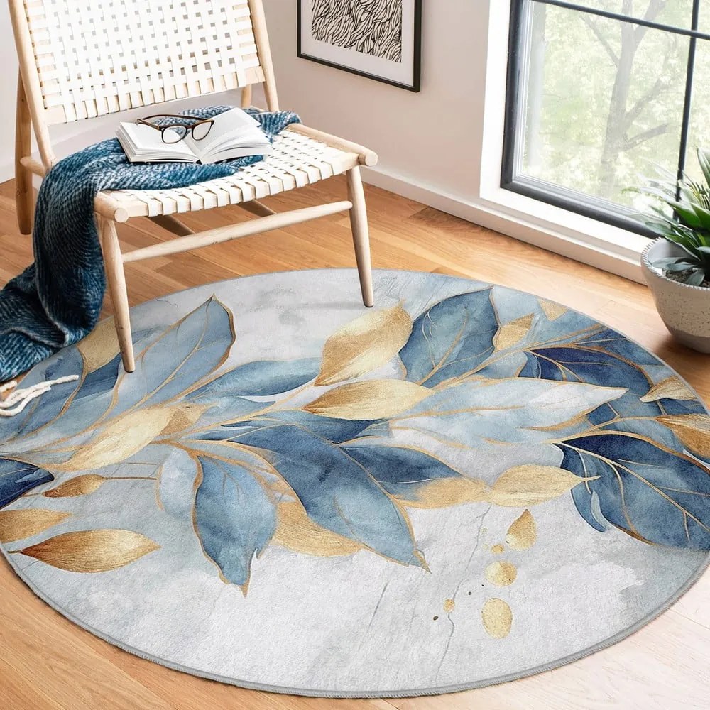 Covor albastru/auriu lavabil rotund ø 120 cm Golden Leaves – Mila Home