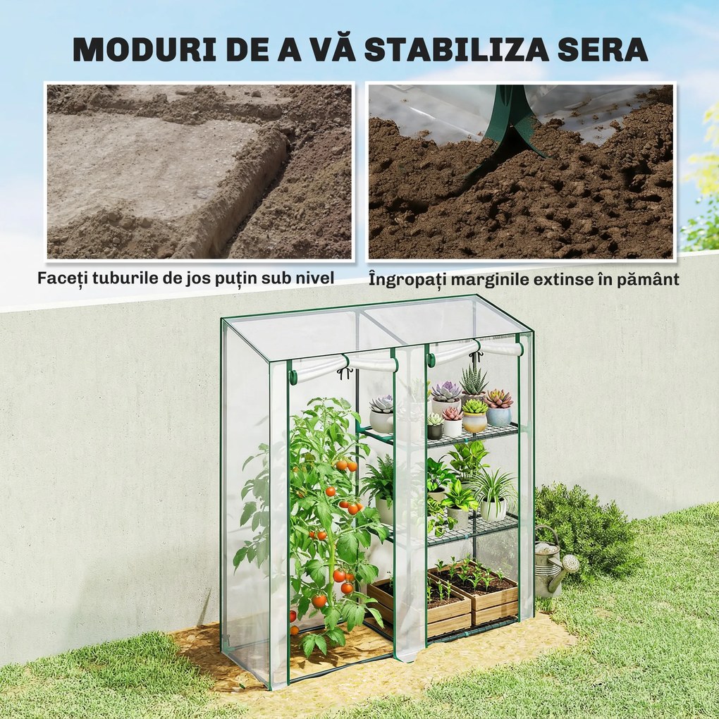 Outsunny Mini Seră cu 3 Rafturi, 2 Uși Rulabile, Seră pentru Grădină cu Cadru din Oțel și Acoperire din Plastic pentru Plante, Legume, Flori, Fructe, Anti UV, 143x45x151 cm, Transparentă | Aosom Romania