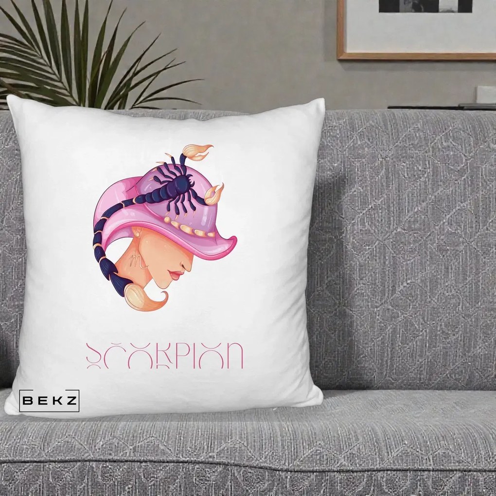 Perna Personalizata Zodiac Scorpion Cowgirl, 40x40 cm, Alb Pufos, Husa Detasabila, Perna Inclusa, BEKZ®