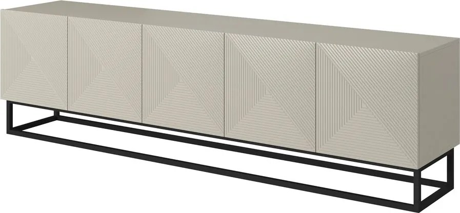 Comodă TV Asha 200 cm cu partea frontală striat și cadru metalic negru – bej cashmere