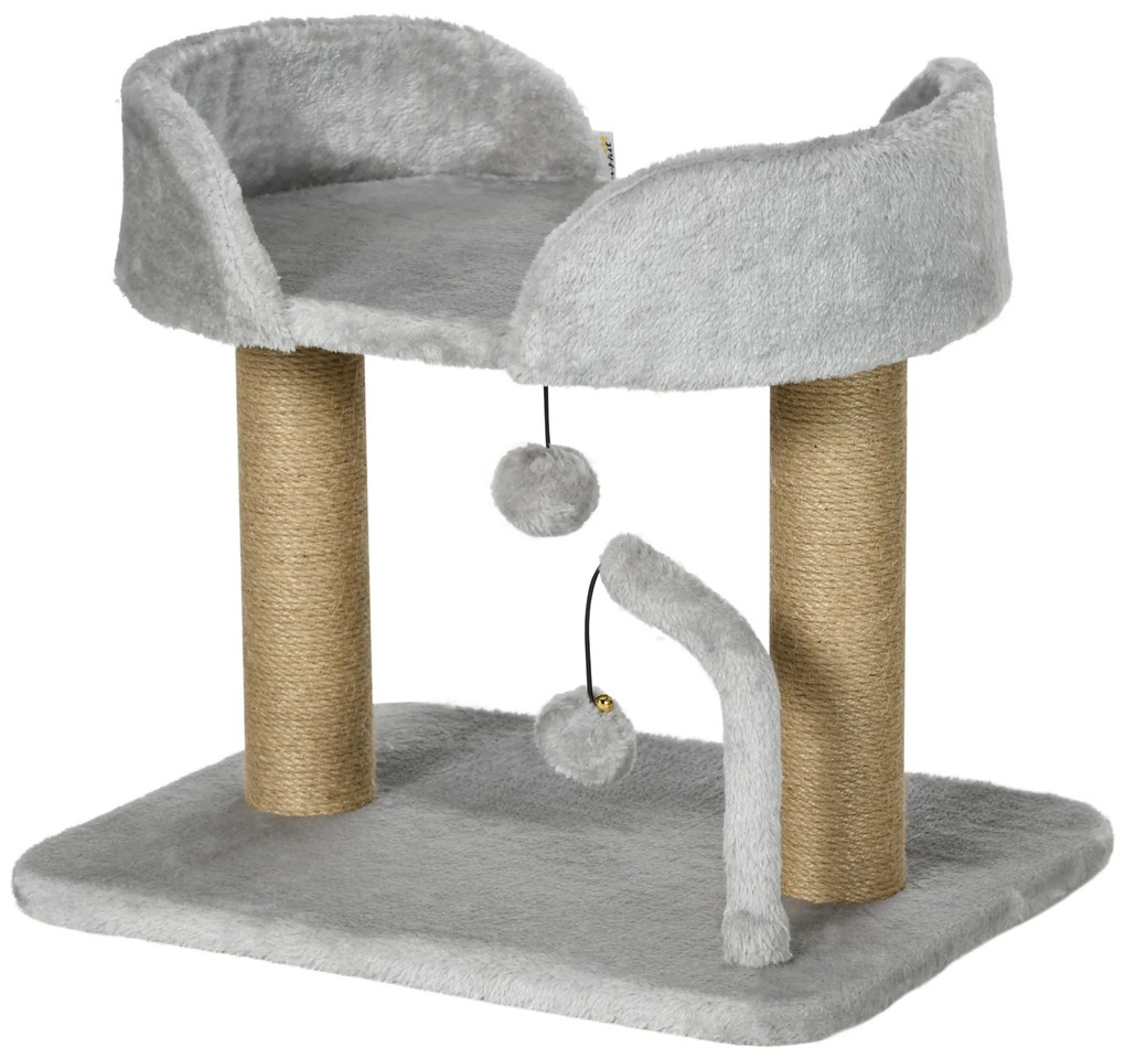 PawHut Arbore de pisici cu zgâriere design cu 2 jucării mărgea atârnate 2 stâlpi de iută platformă de pluș iută 48 x 38 x 42 cm gri | Aosom Romania