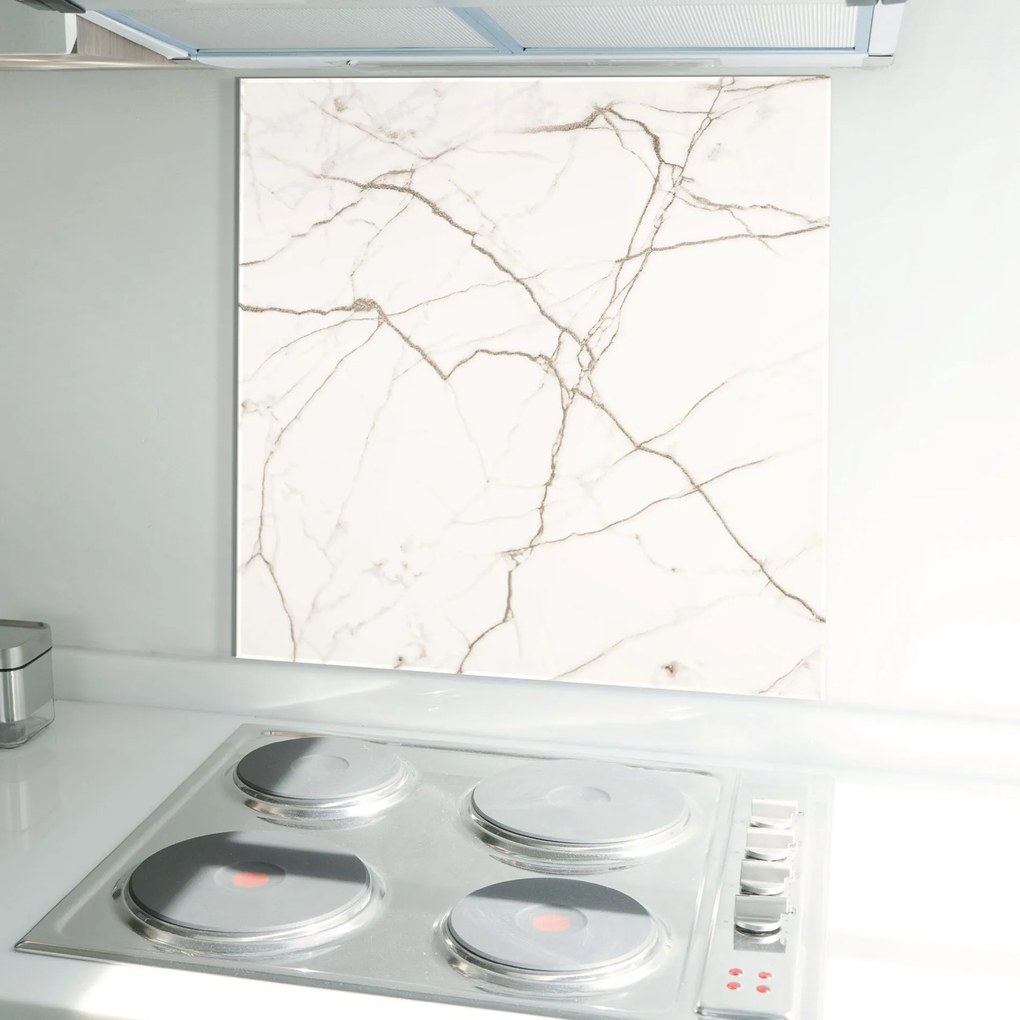 Panou Sticla Bucatarie, 100x100cm, Protectie aragaz, Antistropi, Termorezistent, Abstracte, Marble, White Brown Lines Marble
