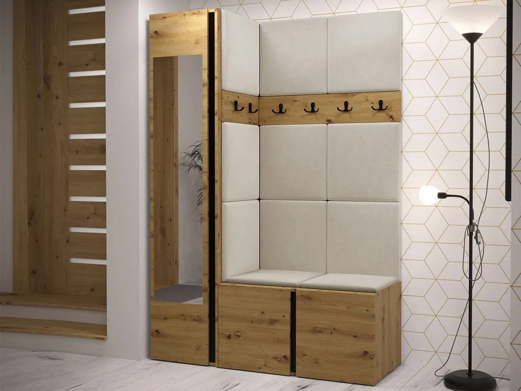 Mobilier hol Tovenaz X (Stejar artisan + Negru + Bej) (cu oglindă). 1104796